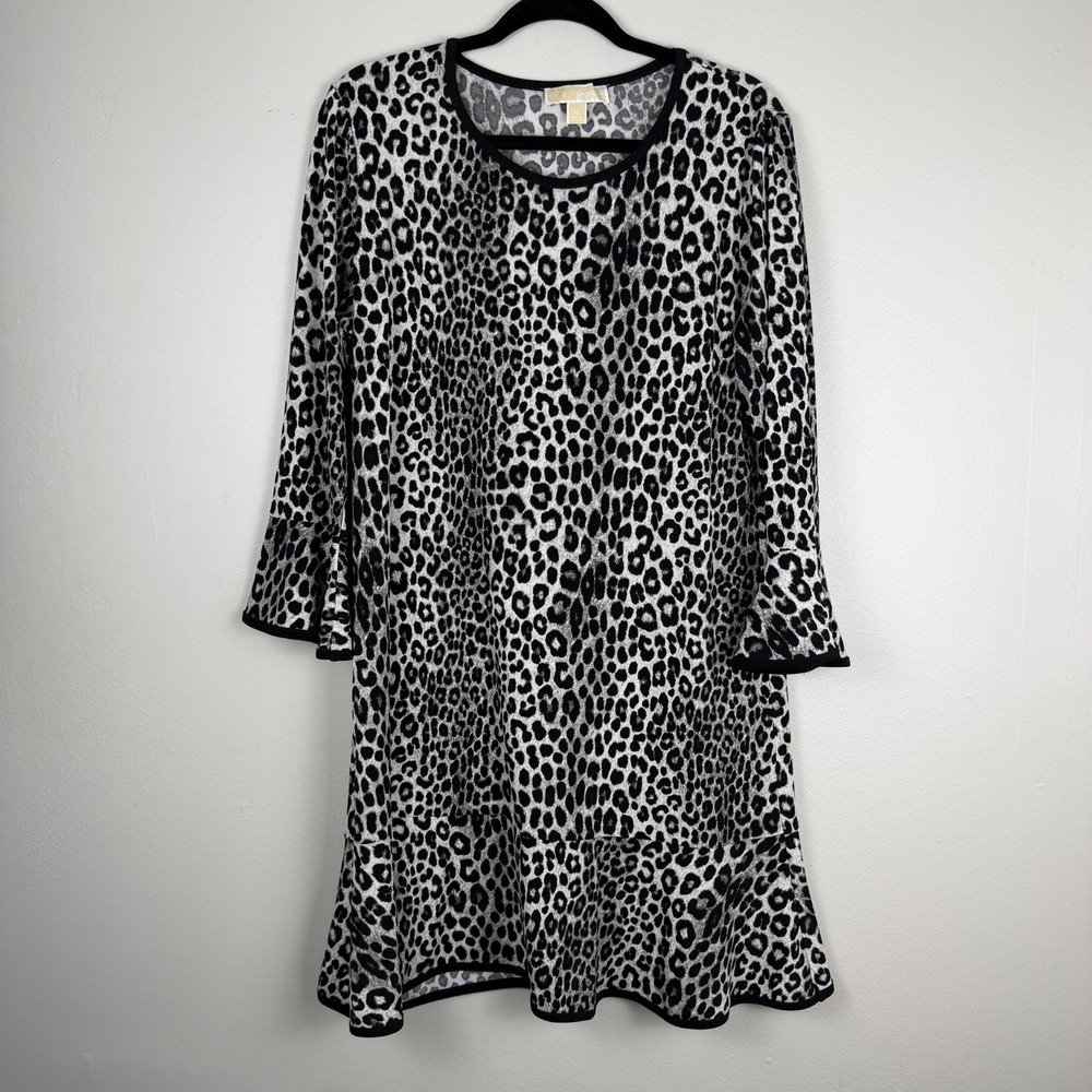 Michael Kors Dress Women's‎ XL Black White Leopard Print Round Neck 3/4 Sleeve